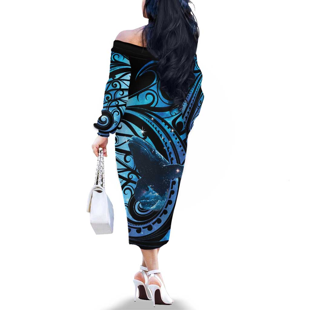 New Zealand Matariki Family Matching Off The Shoulder Long Sleeve Dress and Hawaiian Shirt Maori Humpback Whale Galaxy LT22 - Polynesian Pride