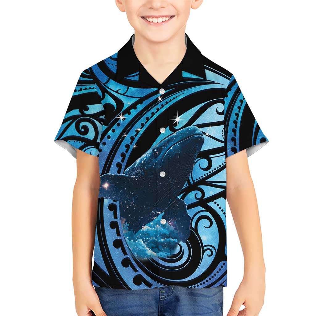 New Zealand Matariki Family Matching Off The Shoulder Long Sleeve Dress and Hawaiian Shirt Maori Humpback Whale Galaxy LT22 Son's Shirt Blue - Polynesian Pride