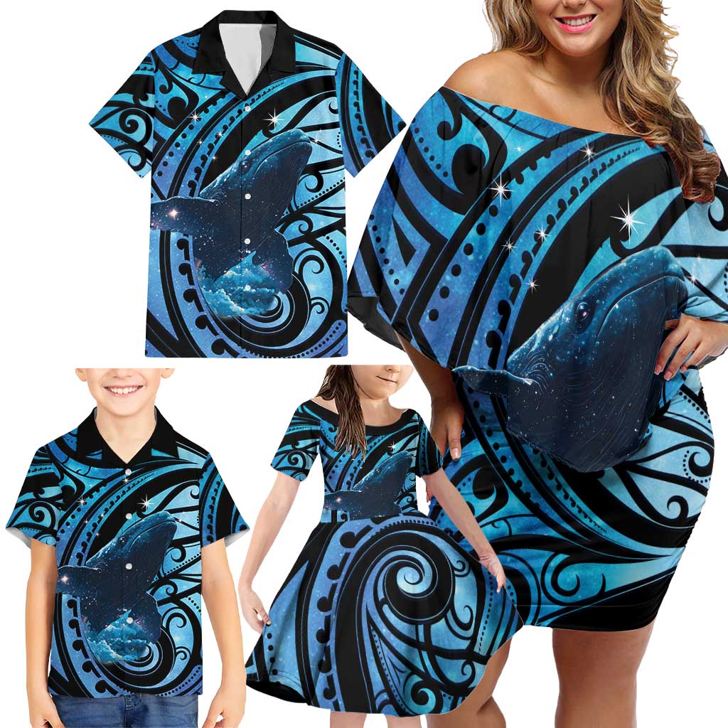 New Zealand Matariki Family Matching Off Shoulder Short Dress and Hawaiian Shirt Maori Humpback Whale Galaxy LT22 - Polynesian Pride