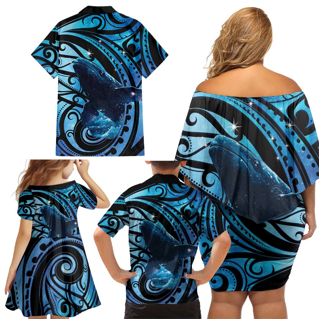New Zealand Matariki Family Matching Off Shoulder Short Dress and Hawaiian Shirt Maori Humpback Whale Galaxy LT22 - Polynesian Pride
