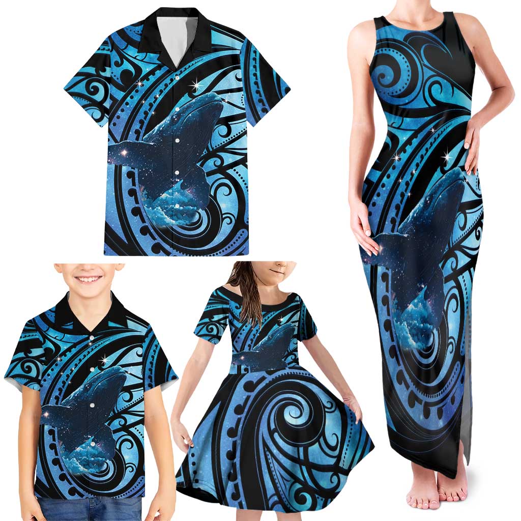 New Zealand Matariki Family Matching Tank Maxi Dress and Hawaiian Shirt Maori Humpback Whale Galaxy