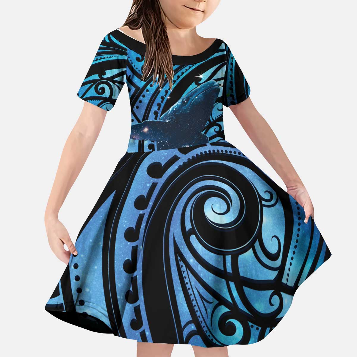 New Zealand Matariki Kid Short Sleeve Dress Maori Humpback Whale Galaxy
