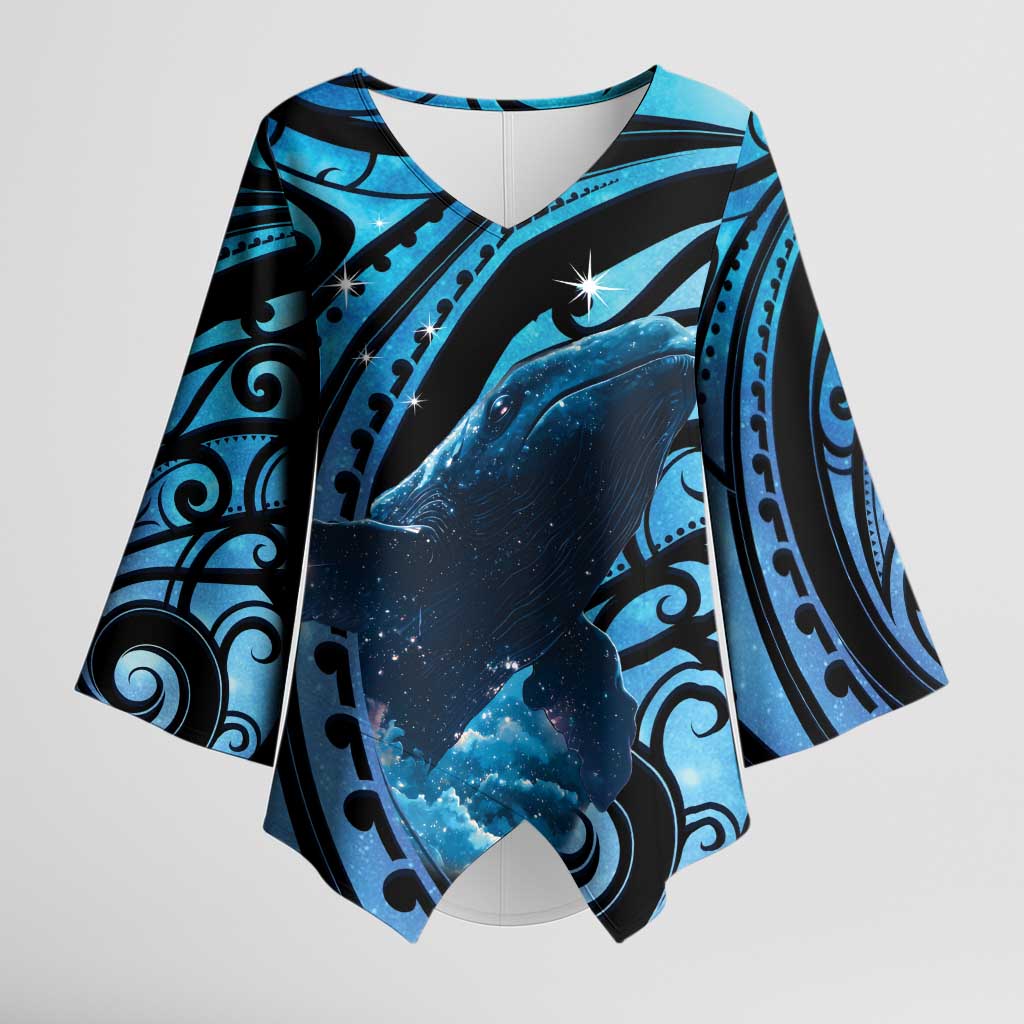 New Zealand Matariki Kimono Sleeve Blouse Maori Humpback Whale Galaxy LT22 Female Blue - Polynesian Pride