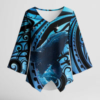 New Zealand Matariki Kimono Sleeve Blouse Maori Humpback Whale Galaxy LT22 Female Blue - Polynesian Pride