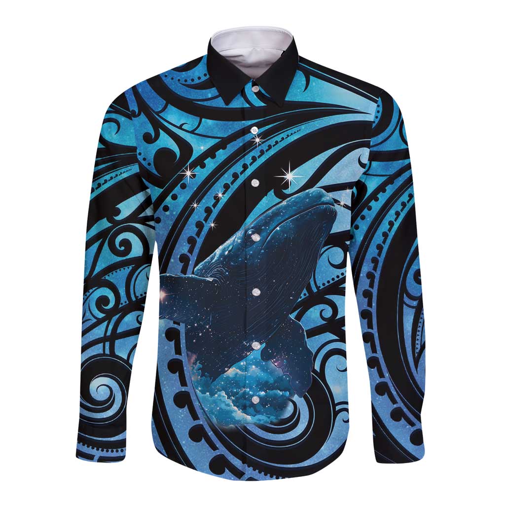 New Zealand Matariki Long Sleeve Button Shirt Maori Humpback Whale Galaxy LT22 Unisex Blue - Polynesian Pride