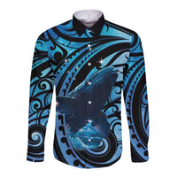New Zealand Matariki Long Sleeve Button Shirt Maori Humpback Whale Galaxy LT22 Unisex Blue - Polynesian Pride