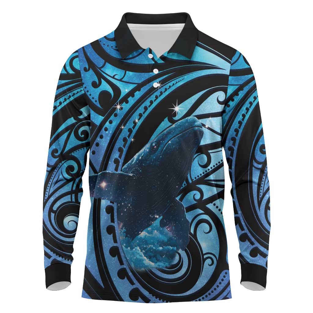 New Zealand Matariki Long Sleeve Polo Shirt Maori Humpback Whale Galaxy LT22 Blue - Polynesian Pride