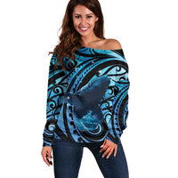 New Zealand Matariki Off Shoulder Sweater Maori Humpback Whale Galaxy LT22 Women Blue - Polynesian Pride