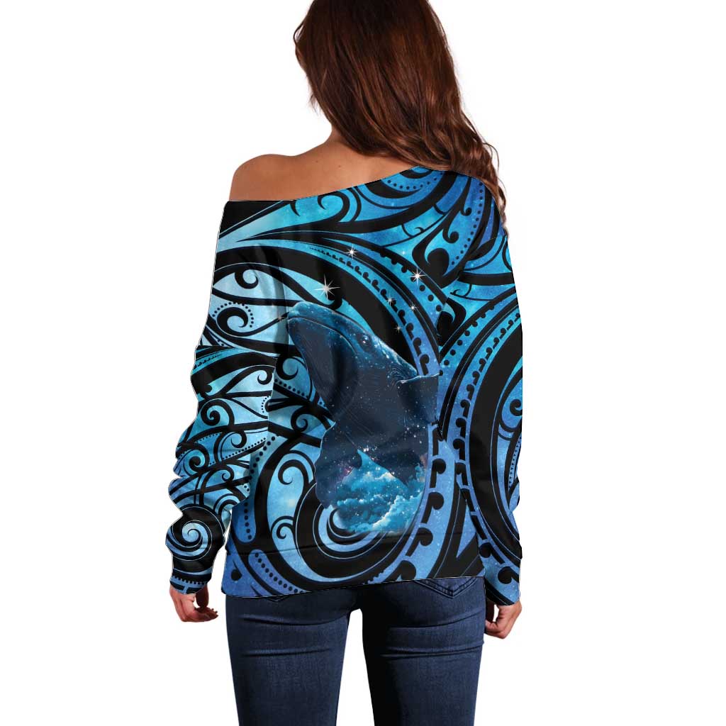 New Zealand Matariki Off Shoulder Sweater Maori Humpback Whale Galaxy LT22 - Polynesian Pride