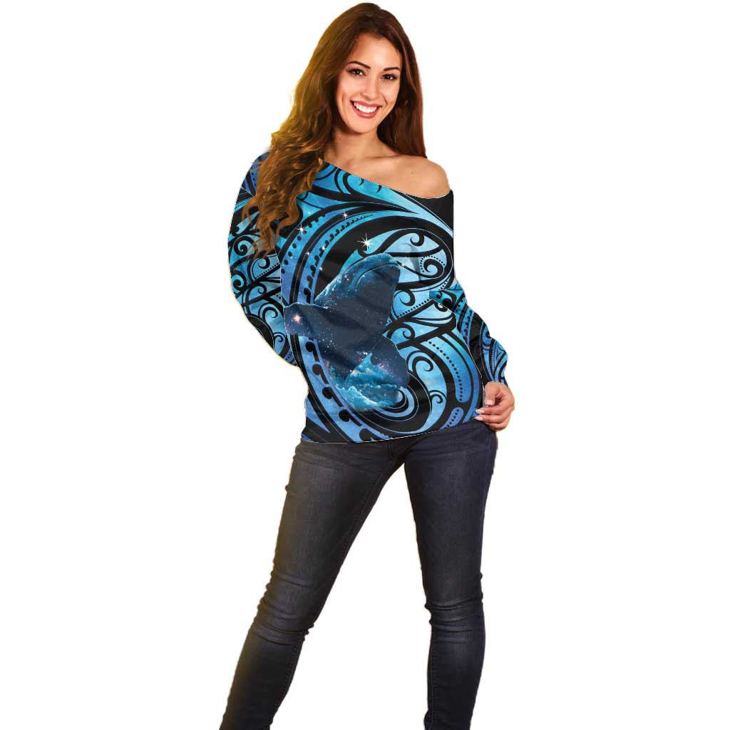 New Zealand Matariki Off Shoulder Sweater Maori Humpback Whale Galaxy LT22 - Polynesian Pride