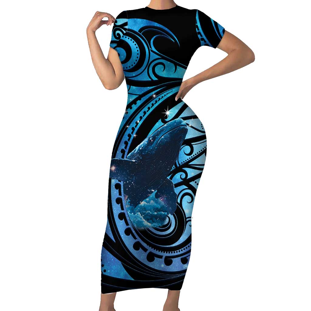 New Zealand Matariki Short Sleeve Bodycon Dress Maori Humpback Whale Galaxy LT22 Long Dress Blue - Polynesian Pride