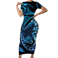 New Zealand Matariki Short Sleeve Bodycon Dress Maori Humpback Whale Galaxy LT22 Long Dress Blue - Polynesian Pride