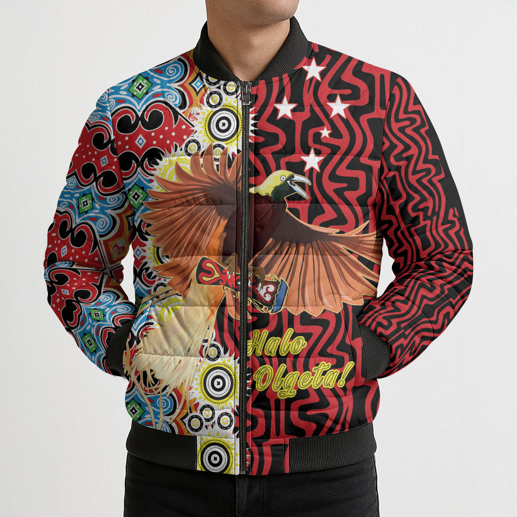 Personalised Papua New Guinea Pidgin Language Week Bomber Puffer Jacket Halo Olgeta Tok Pisin Wik Bird Of Paradise Oro Batik LT22 - Polynesian Pride