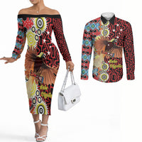 Personalised Papua New Guinea Pidgin Language Week Couples Matching Off The Shoulder Long Sleeve Dress and Long Sleeve Button Shirt Halo Olgeta Tok Pisin Wik Bird Of Paradise Oro Batik LT22 Red - Polynesian Pride