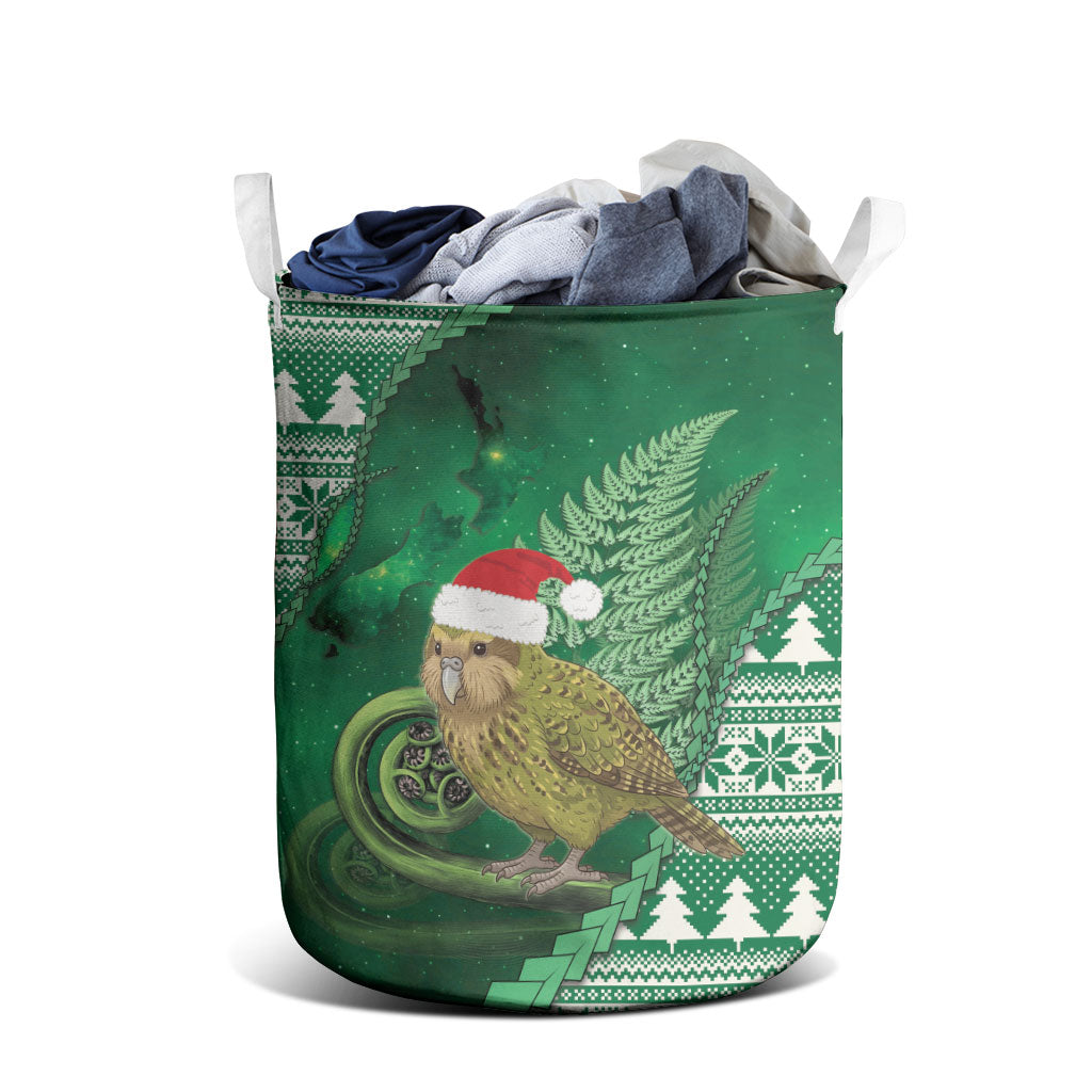 New Zealand Kakapo Christmas In July Laundry Basket Silver Fern Santa Xmas Green Color LT22 - Polynesian Pride