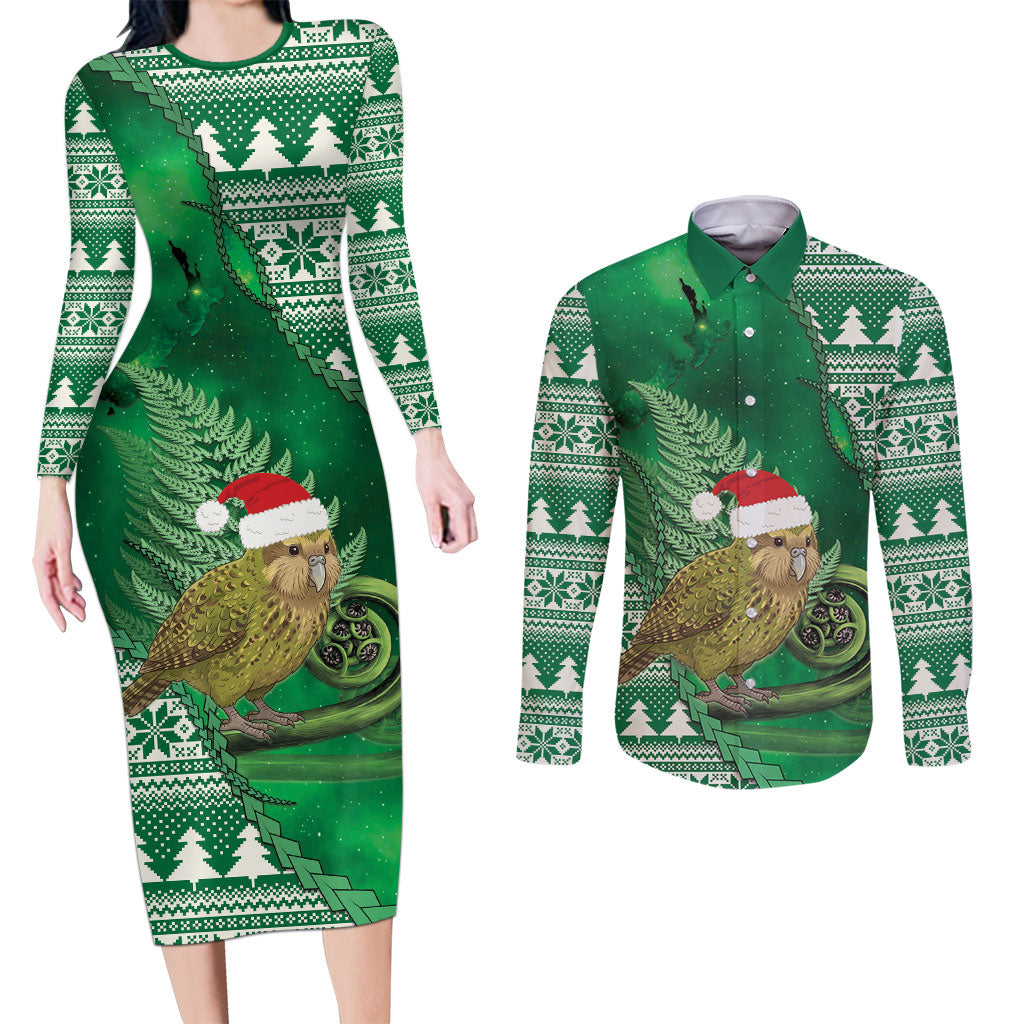New Zealand Kakapo Christmas In July Couples Matching Long Sleeve Bodycon Dress and Long Sleeve Button Shirt Silver Fern Santa Xmas Green Color LT22 Green - Polynesian Pride