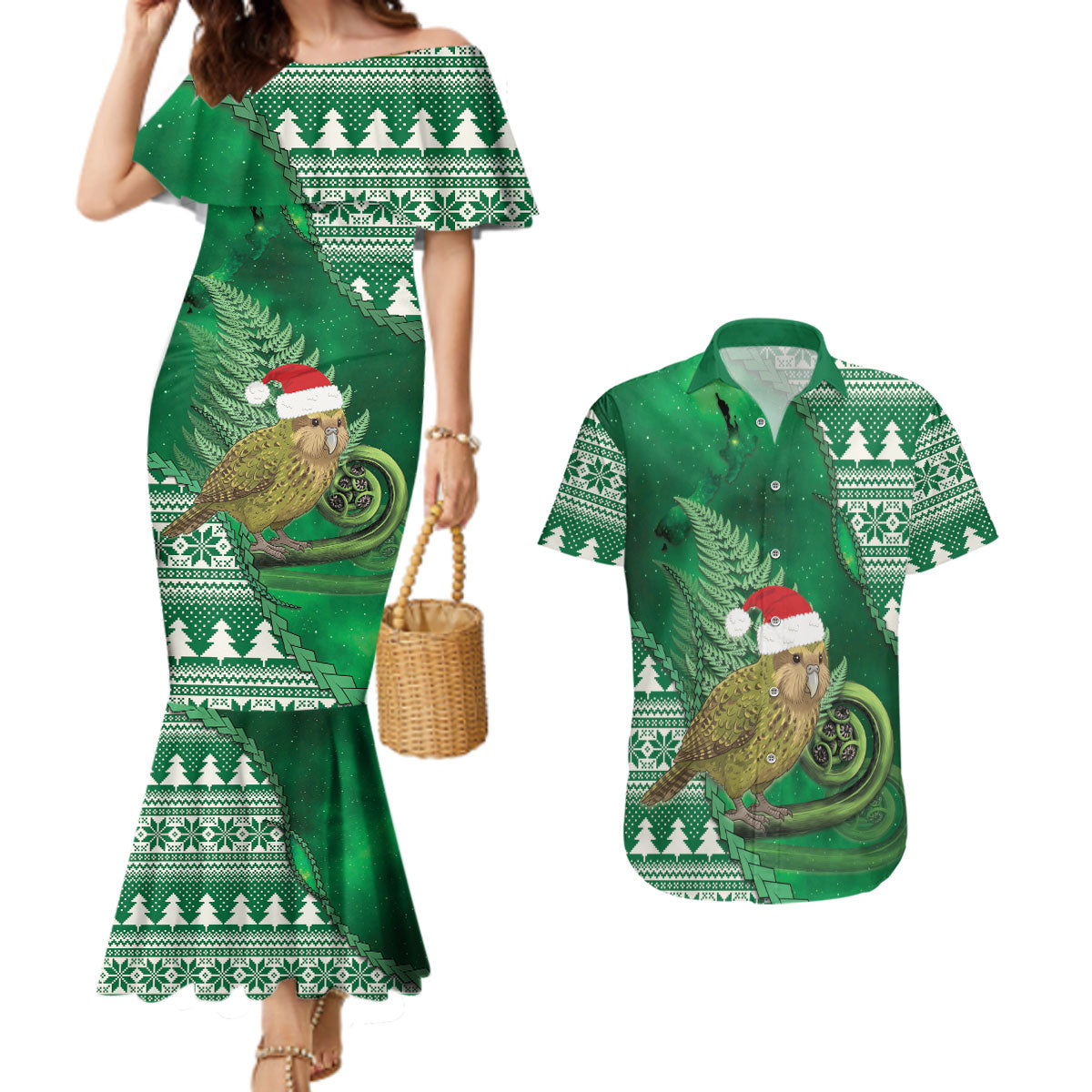 New Zealand Kakapo Christmas In July Couples Matching Mermaid Dress and Hawaiian Shirt Silver Fern Santa Xmas Green Color LT22 Green - Polynesian Pride