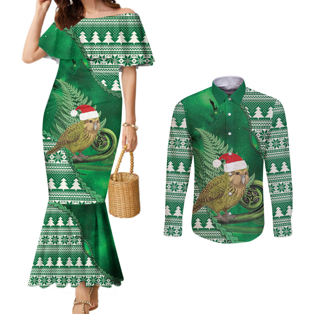 New Zealand Kakapo Christmas In July Couples Matching Mermaid Dress and Long Sleeve Button Shirt Silver Fern Santa Xmas Green Color LT22 Green - Polynesian Pride