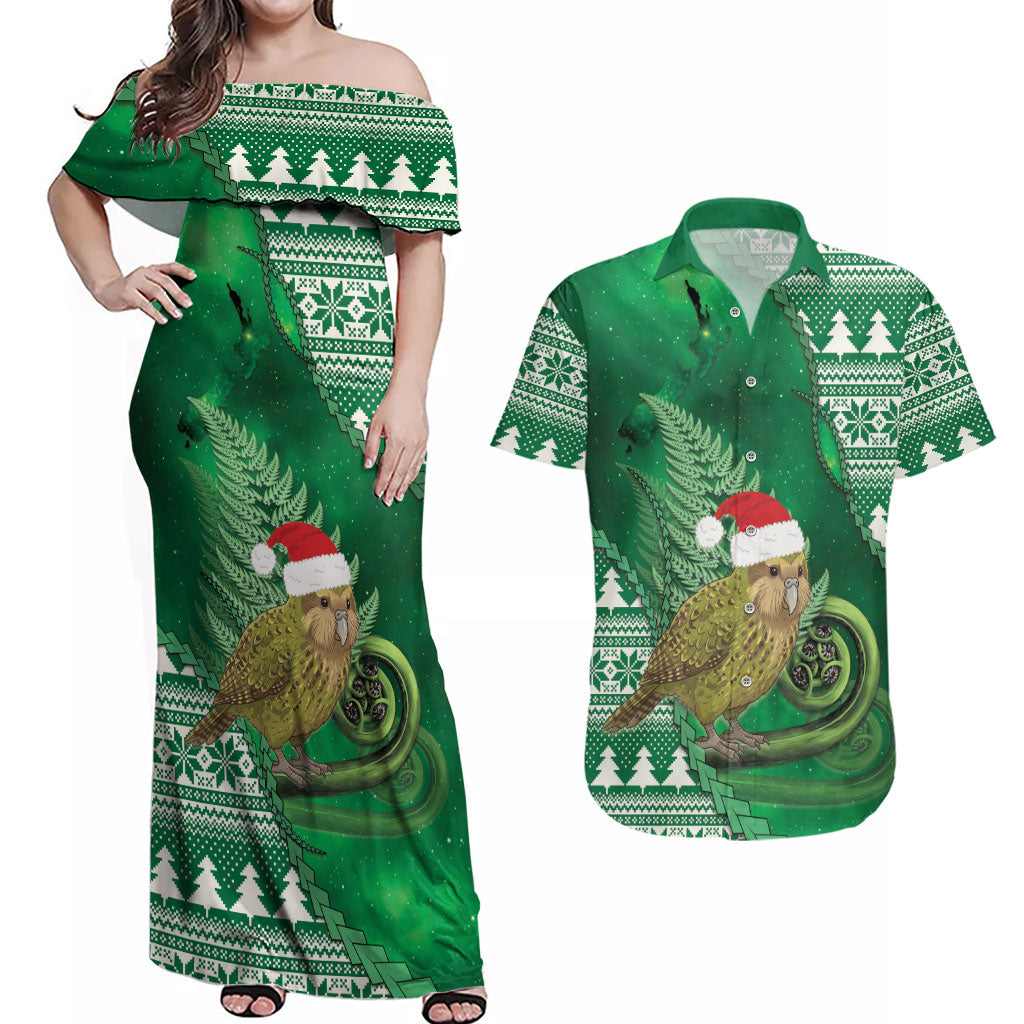 New Zealand Kakapo Christmas In July Couples Matching Off Shoulder Maxi Dress and Hawaiian Shirt Silver Fern Santa Xmas Green Color LT22 Green - Polynesian Pride