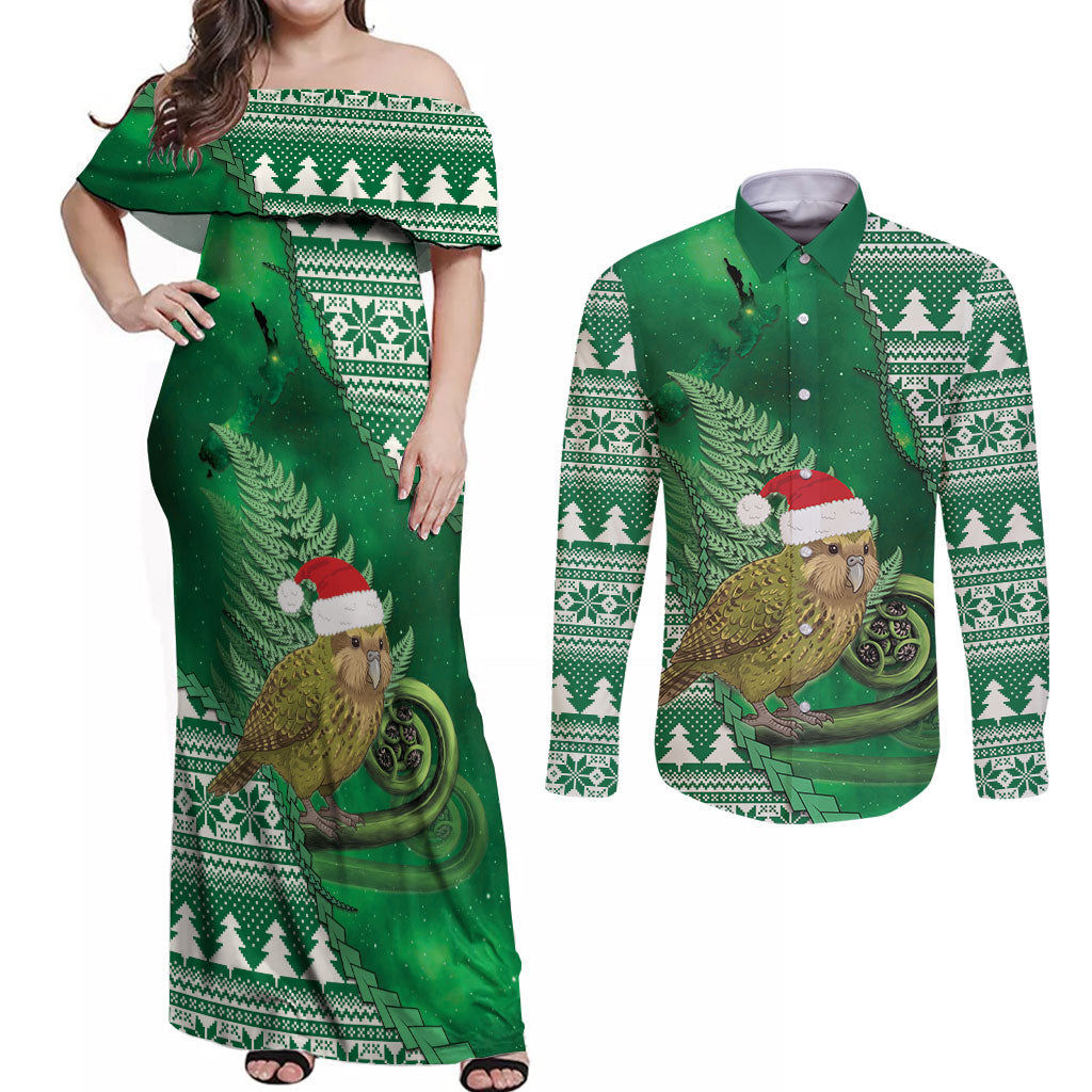 New Zealand Kakapo Christmas In July Couples Matching Off Shoulder Maxi Dress and Long Sleeve Button Shirt Silver Fern Santa Xmas Green Color LT22 Green - Polynesian Pride