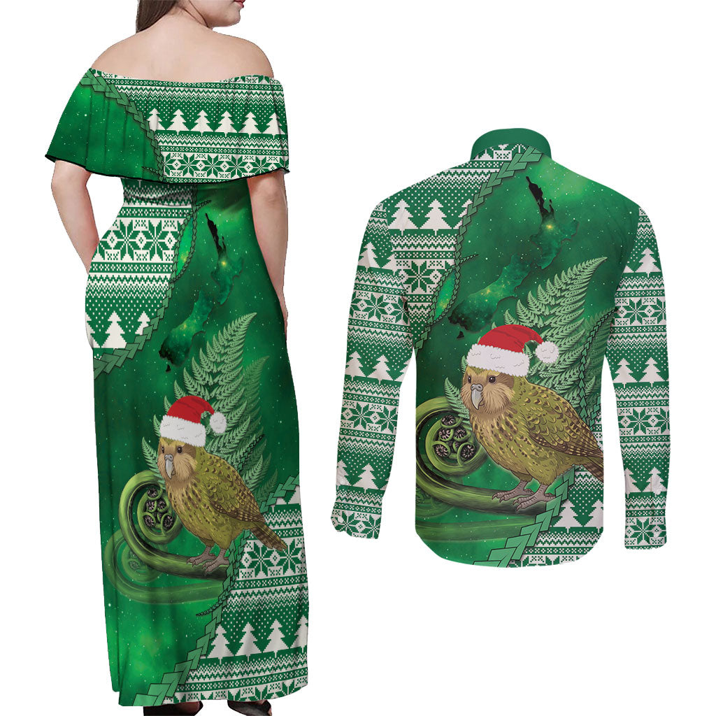 New Zealand Kakapo Christmas In July Couples Matching Off Shoulder Maxi Dress and Long Sleeve Button Shirt Silver Fern Santa Xmas Green Color LT22 - Polynesian Pride