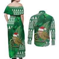 New Zealand Kakapo Christmas In July Couples Matching Off Shoulder Maxi Dress and Long Sleeve Button Shirt Silver Fern Santa Xmas Green Color LT22 - Polynesian Pride