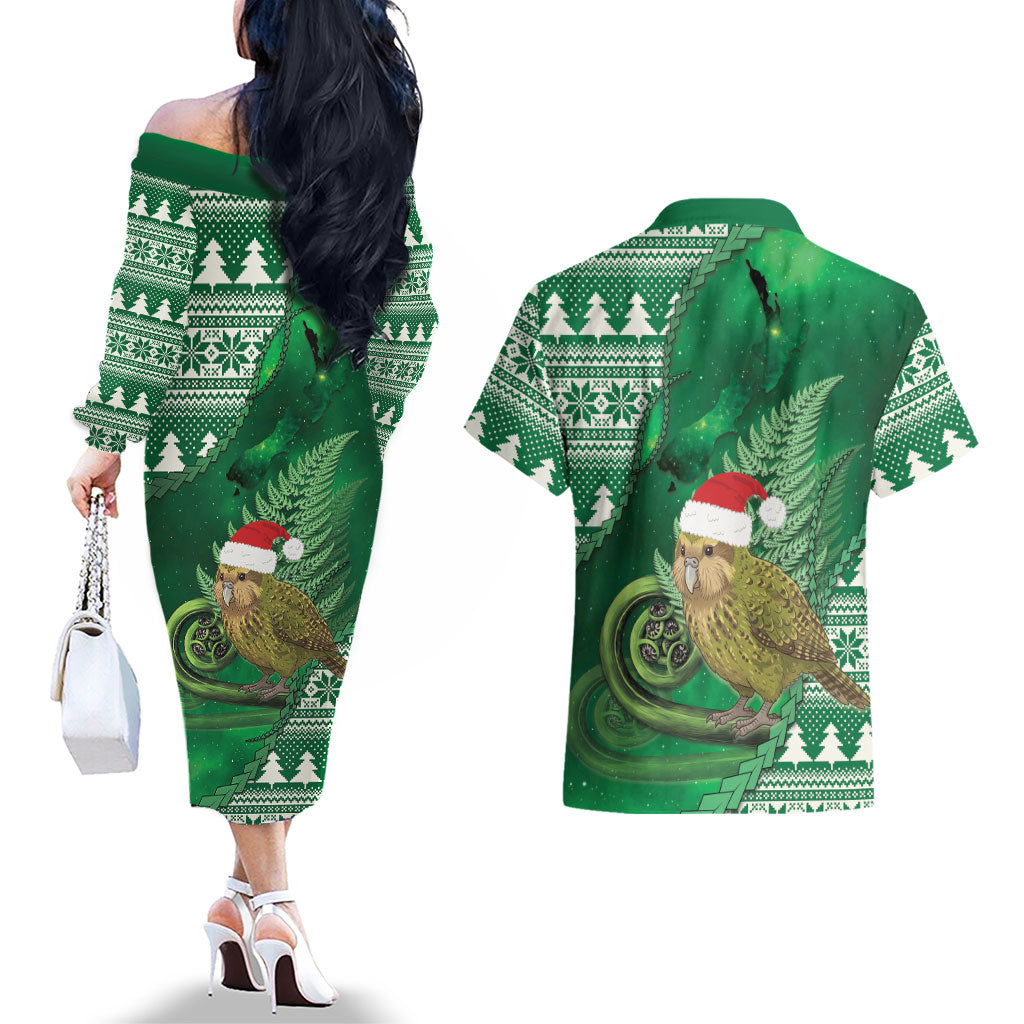 New Zealand Kakapo Christmas In July Couples Matching Off The Shoulder Long Sleeve Dress and Hawaiian Shirt Silver Fern Santa Xmas Green Color LT22 - Polynesian Pride