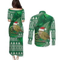New Zealand Kakapo Christmas In July Couples Matching Puletasi and Long Sleeve Button Shirt Silver Fern Santa Xmas Green Color