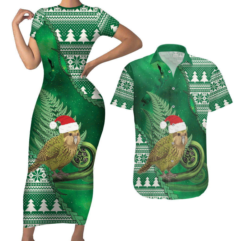New Zealand Kakapo Christmas In July Couples Matching Short Sleeve Bodycon Dress and Hawaiian Shirt Silver Fern Santa Xmas Green Color