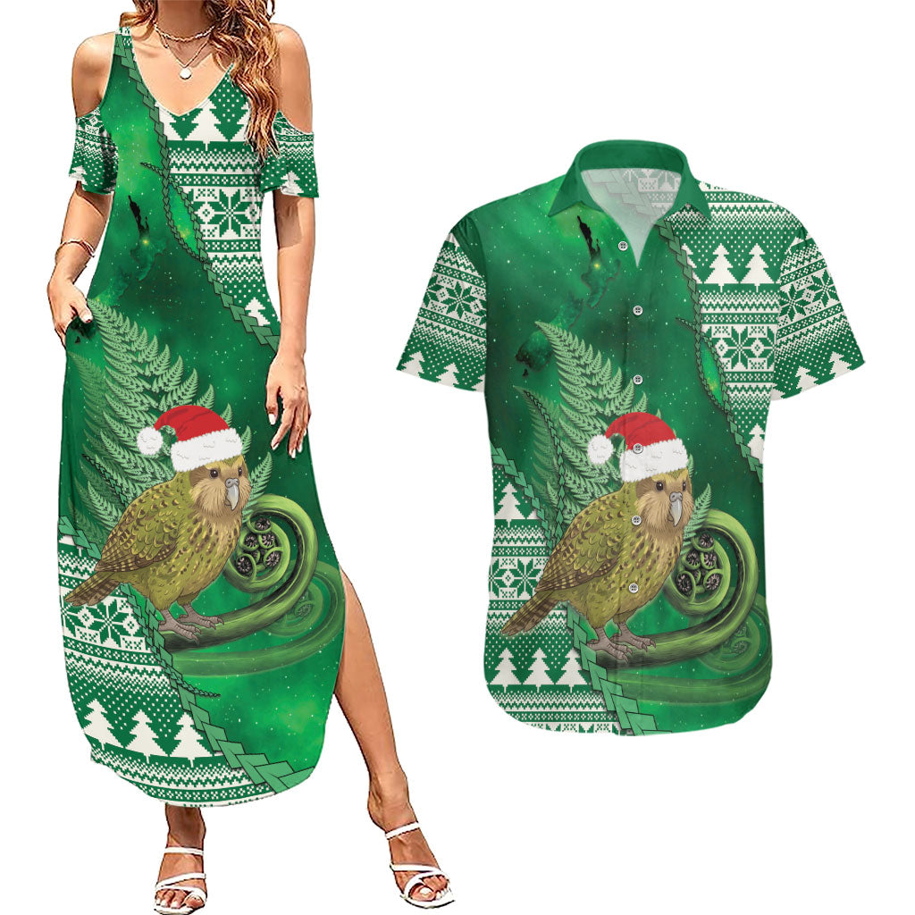 New Zealand Kakapo Christmas In July Couples Matching Summer Maxi Dress and Hawaiian Shirt Silver Fern Santa Xmas Green Color LT22 Green - Polynesian Pride