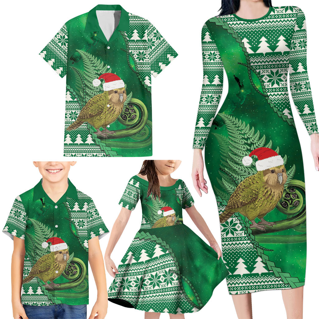 New Zealand Kakapo Christmas In July Family Matching Long Sleeve Bodycon Dress and Hawaiian Shirt Silver Fern Santa Xmas Green Color LT22 - Polynesian Pride