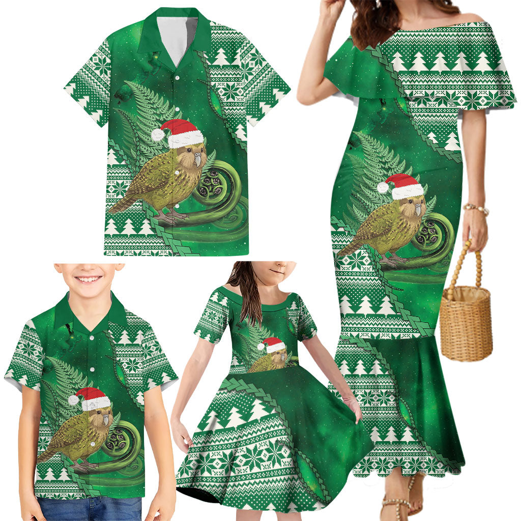 New Zealand Kakapo Christmas In July Family Matching Mermaid Dress and Hawaiian Shirt Silver Fern Santa Xmas Green Color LT22 - Polynesian Pride