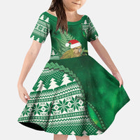 New Zealand Kakapo Christmas In July Family Matching Off The Shoulder Long Sleeve Dress and Hawaiian Shirt Silver Fern Santa Xmas Green Color LT22 Daughter's Dress Green - Polynesian Pride