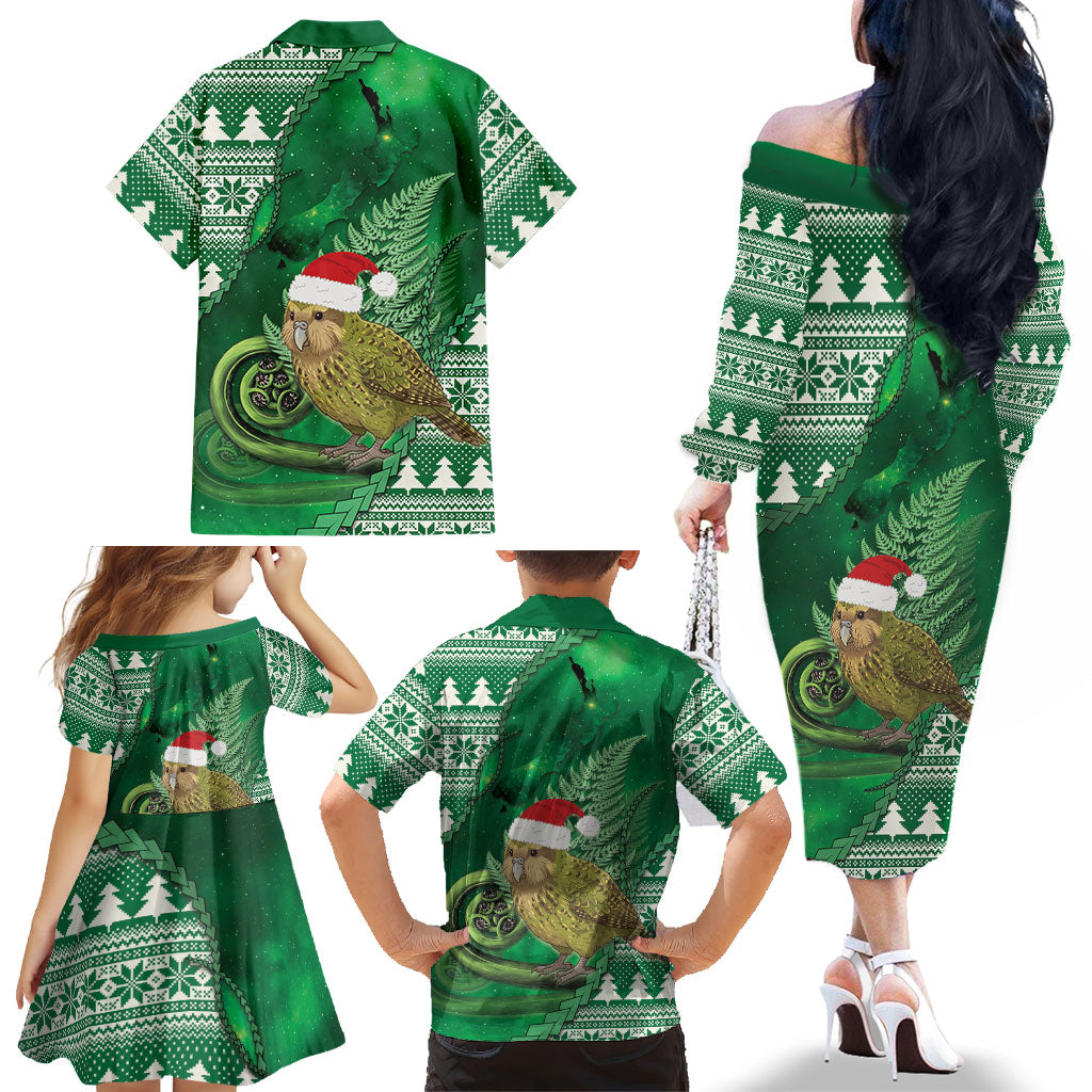 New Zealand Kakapo Christmas In July Family Matching Off The Shoulder Long Sleeve Dress and Hawaiian Shirt Silver Fern Santa Xmas Green Color LT22 - Polynesian Pride