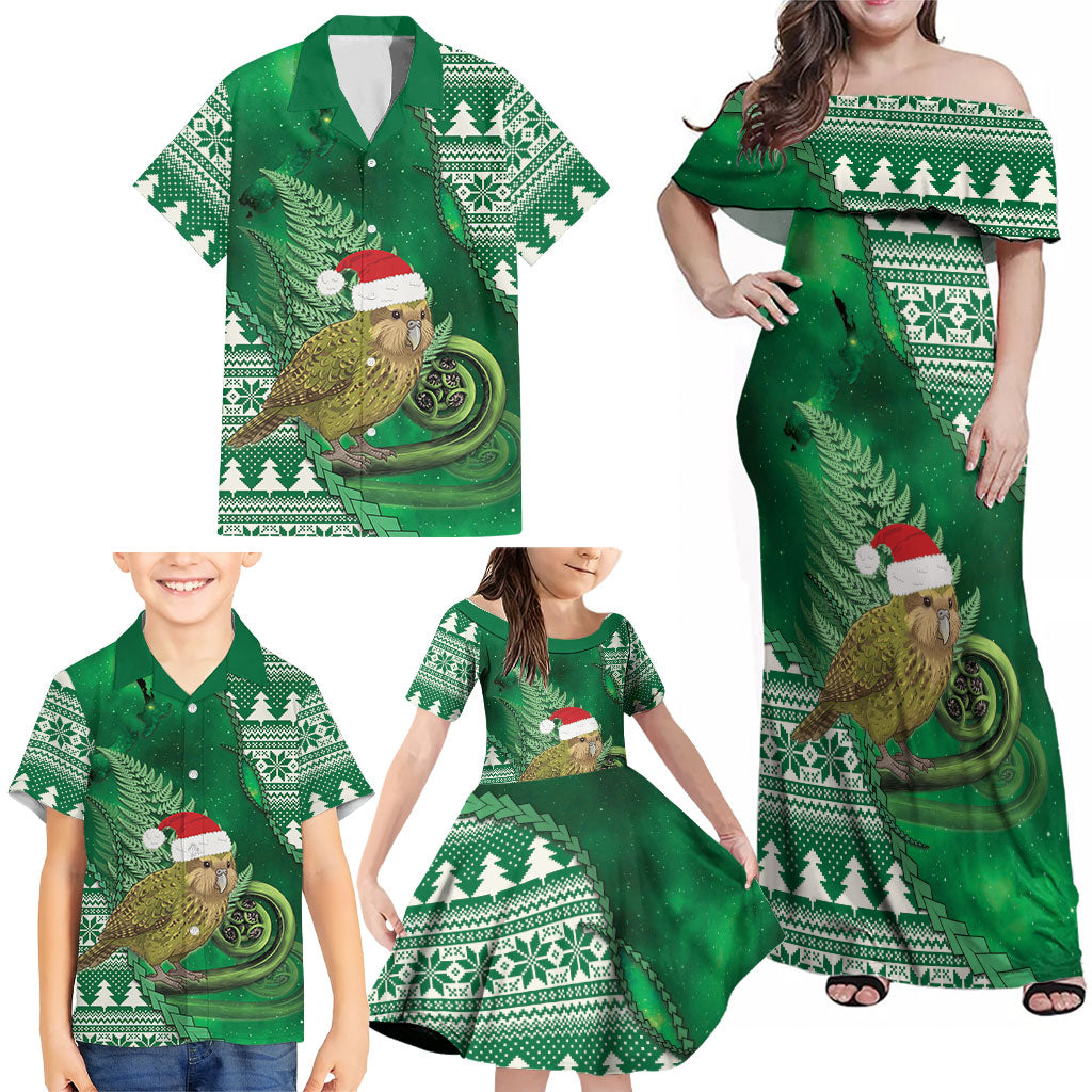 New Zealand Kakapo Christmas In July Family Matching Off Shoulder Maxi Dress and Hawaiian Shirt Silver Fern Santa Xmas Green Color LT22 - Polynesian Pride