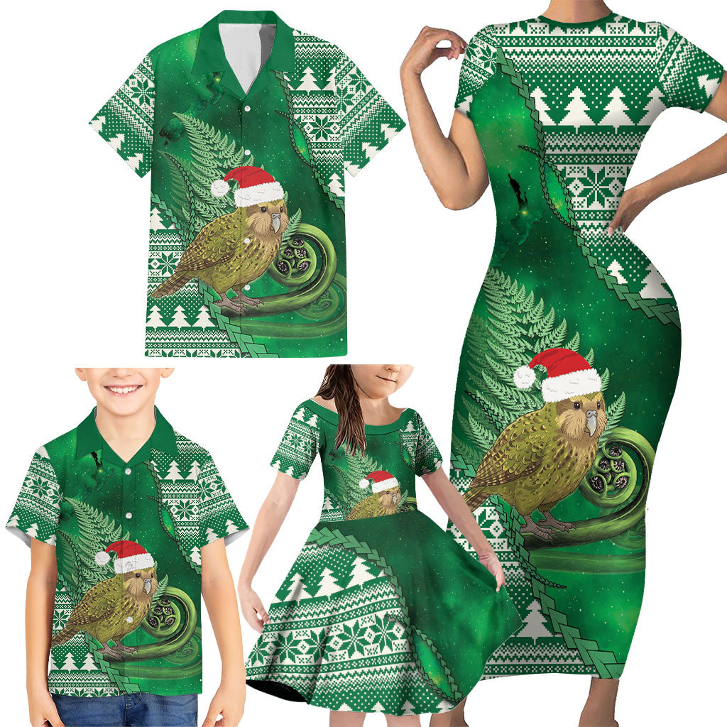 New Zealand Kakapo Christmas In July Family Matching Short Sleeve Bodycon Dress and Hawaiian Shirt Silver Fern Santa Xmas Green Color LT22 - Polynesian Pride