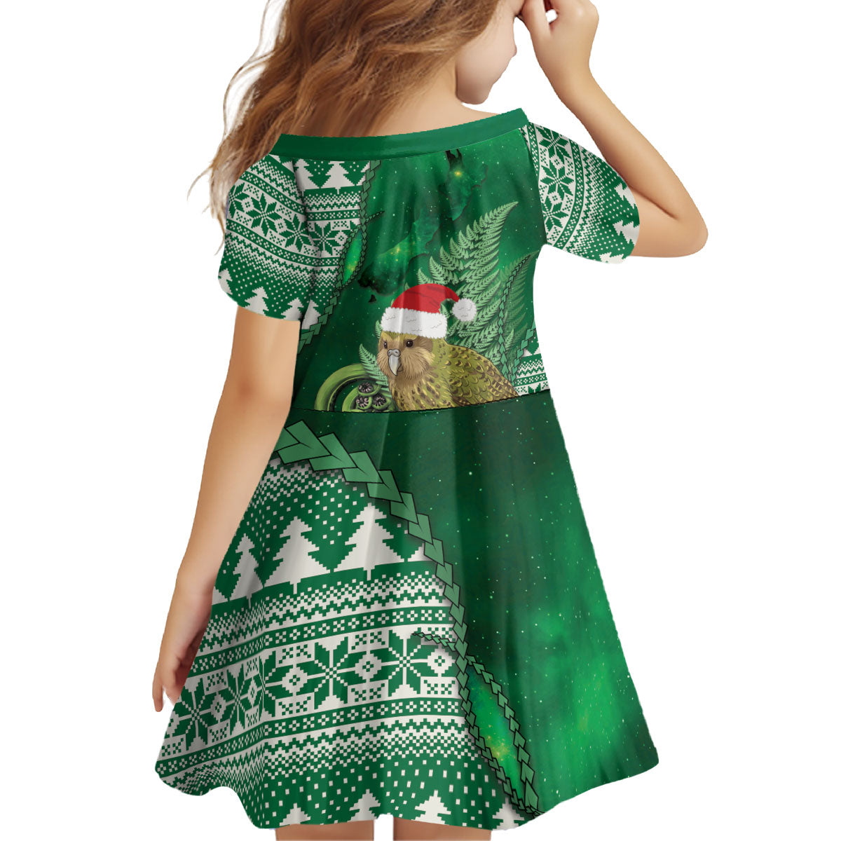 New Zealand Kakapo Christmas In July Kid Short Sleeve Dress Silver Fern Santa Xmas Green Color