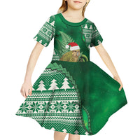 New Zealand Kakapo Christmas In July Kid Short Sleeve Dress Silver Fern Santa Xmas Green Color