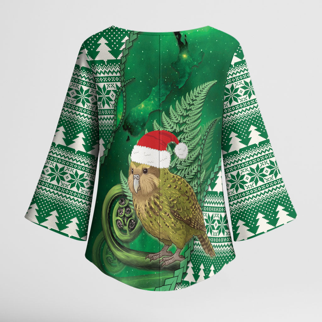 New Zealand Kakapo Christmas In July Kimono Sleeve Blouse Silver Fern Santa Xmas Green Color LT22 - Polynesian Pride