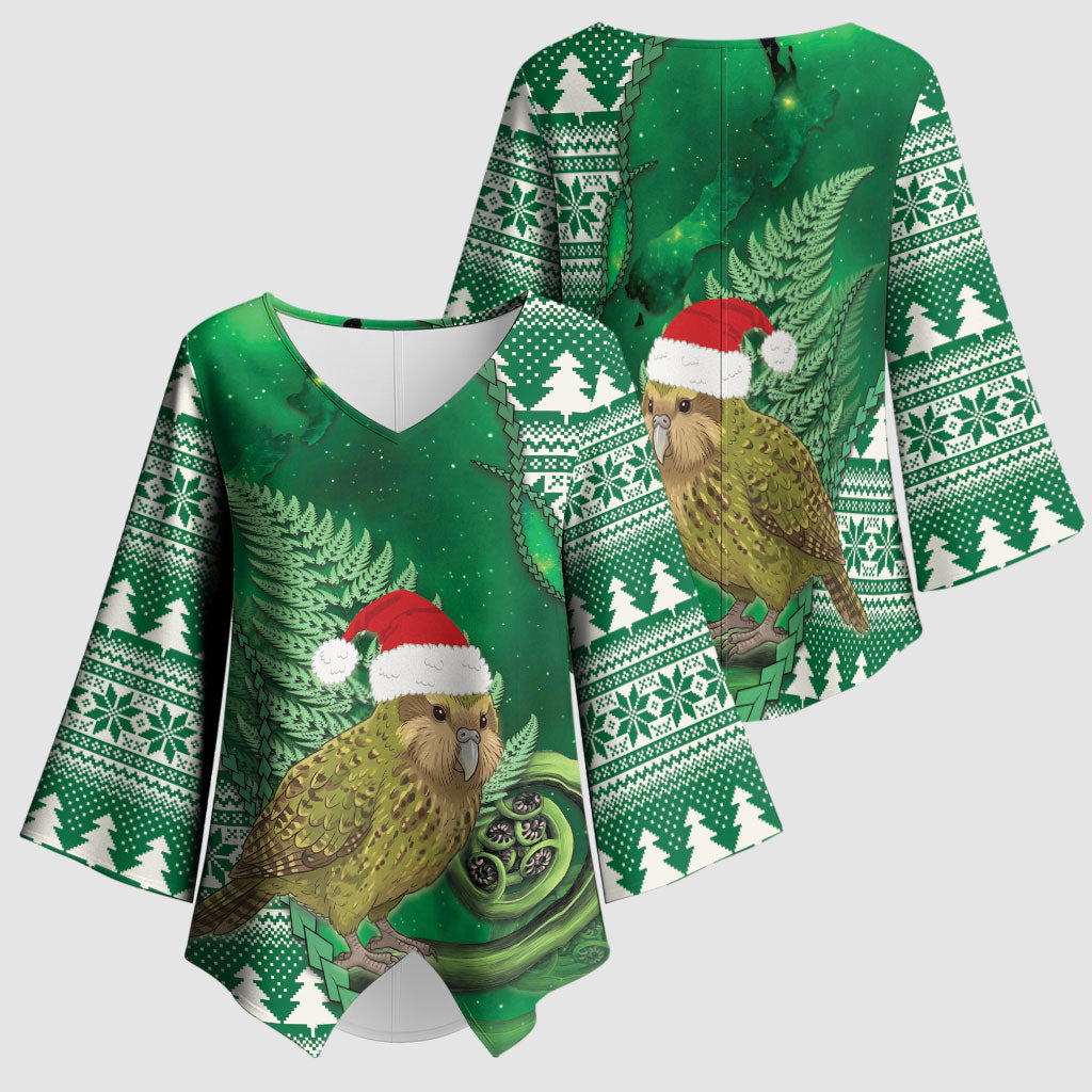 New Zealand Kakapo Christmas In July Kimono Sleeve Blouse Silver Fern Santa Xmas Green Color LT22 - Polynesian Pride