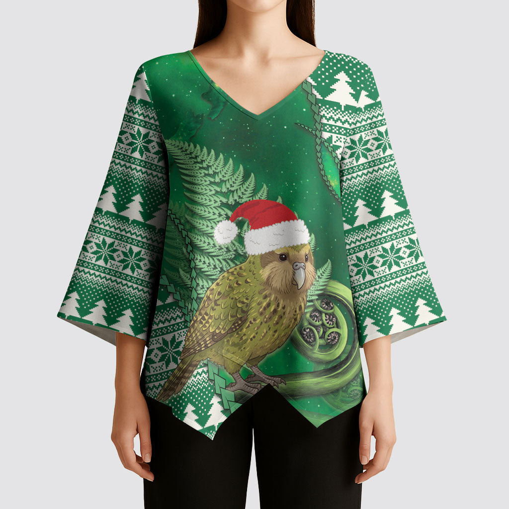 New Zealand Kakapo Christmas In July Kimono Sleeve Blouse Silver Fern Santa Xmas Green Color LT22 - Polynesian Pride