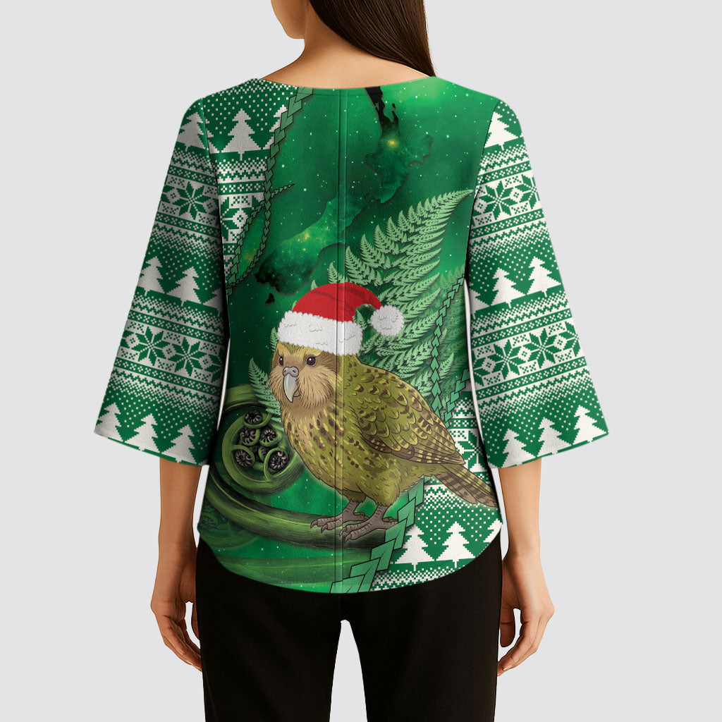 New Zealand Kakapo Christmas In July Kimono Sleeve Blouse Silver Fern Santa Xmas Green Color LT22 - Polynesian Pride