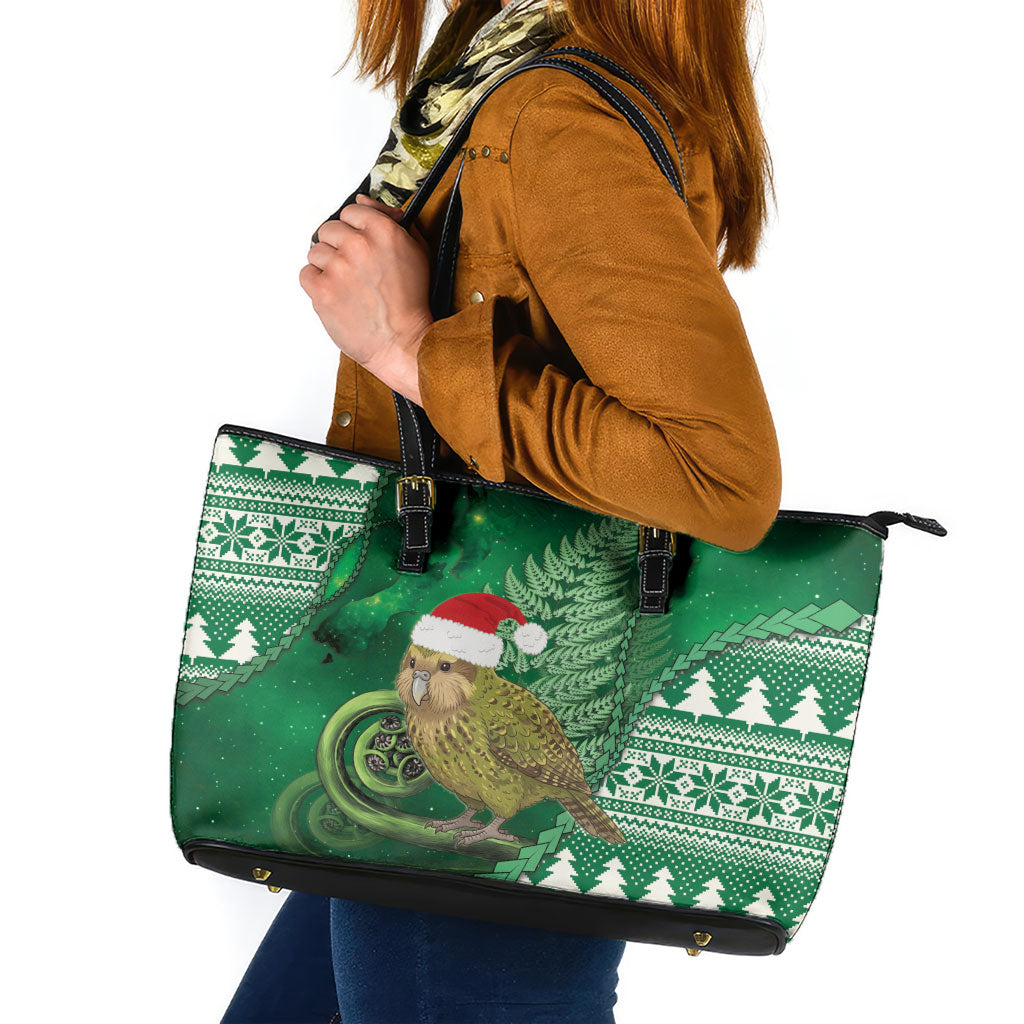 New Zealand Kakapo Christmas In July Leather Tote Bag Silver Fern Santa Xmas Green Color