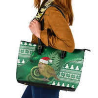 New Zealand Kakapo Christmas In July Leather Tote Bag Silver Fern Santa Xmas Green Color