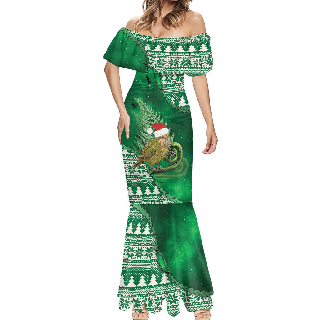 New Zealand Kakapo Christmas In July Mermaid Dress Silver Fern Santa Xmas Green Color