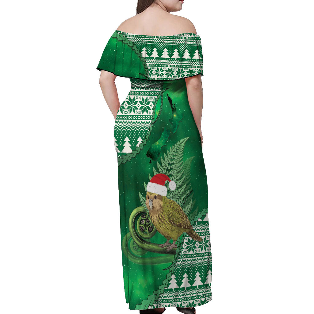 New Zealand Kakapo Christmas In July Off Shoulder Maxi Dress Silver Fern Santa Xmas Green Color LT22 - Polynesian Pride