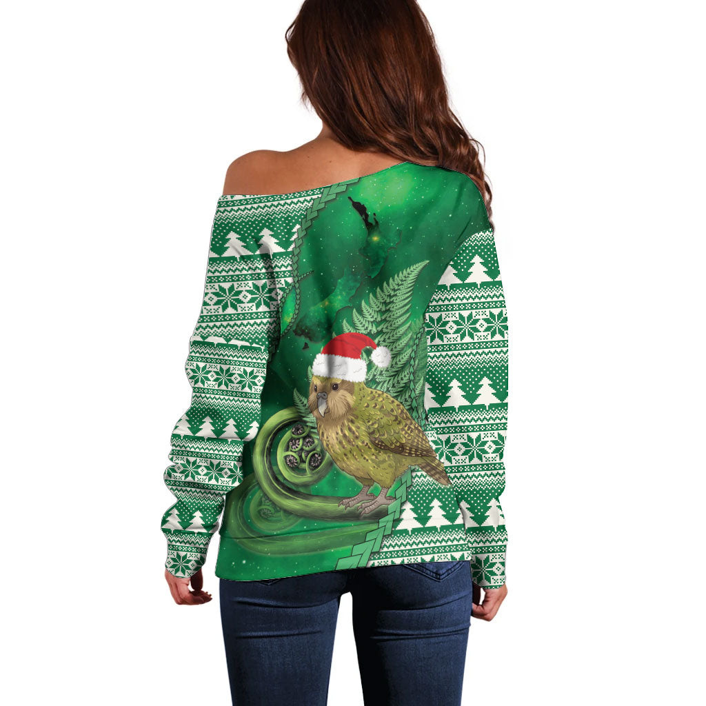 New Zealand Kakapo Christmas In July Off Shoulder Sweater Silver Fern Santa Xmas Green Color
