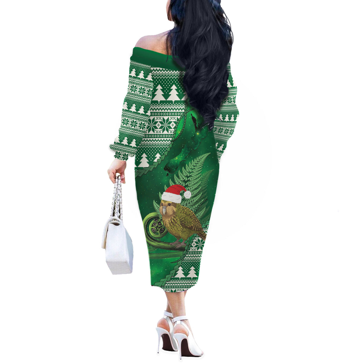 New Zealand Kakapo Christmas In July Off The Shoulder Long Sleeve Dress Silver Fern Santa Xmas Green Color