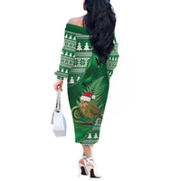 New Zealand Kakapo Christmas In July Off The Shoulder Long Sleeve Dress Silver Fern Santa Xmas Green Color