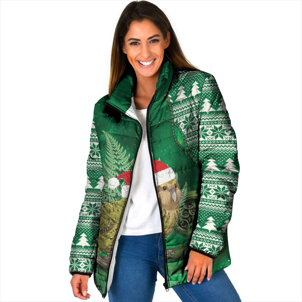 New Zealand Kakapo Christmas In July Padded Jacket Silver Fern Santa Xmas Green Color LT22 Women Green - Polynesian Pride